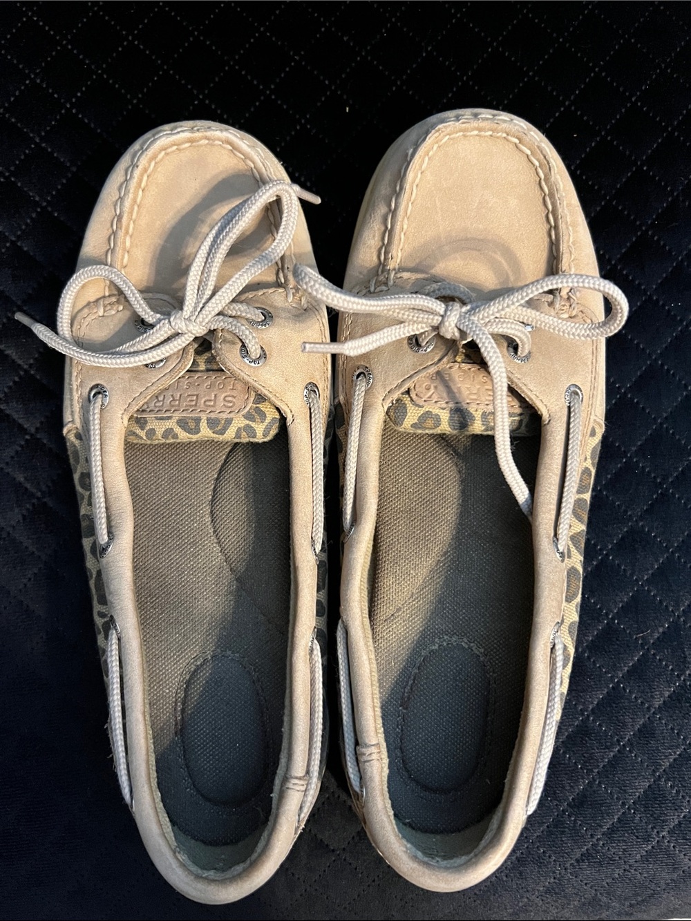Sperry Taupe Boat Shoes with Leopard Accent